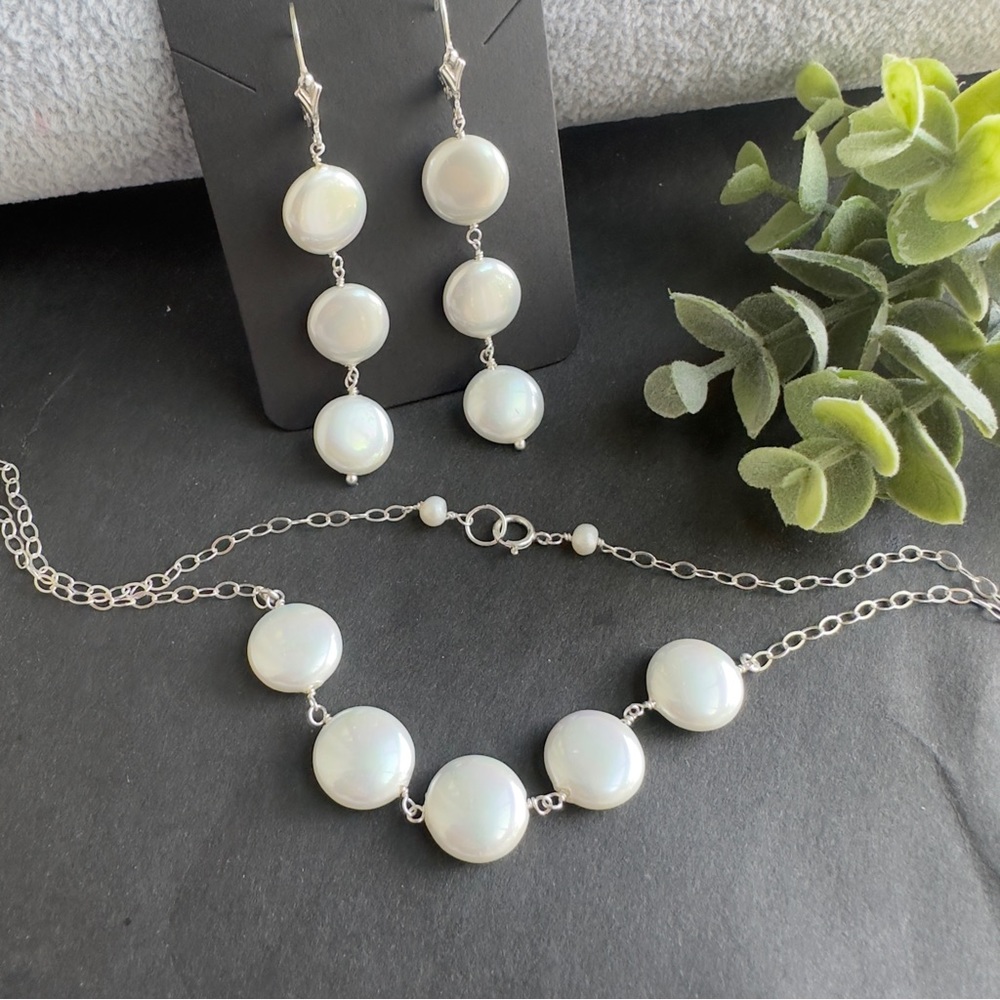 White Pearl Necklace Earrings Set Sterling Silver